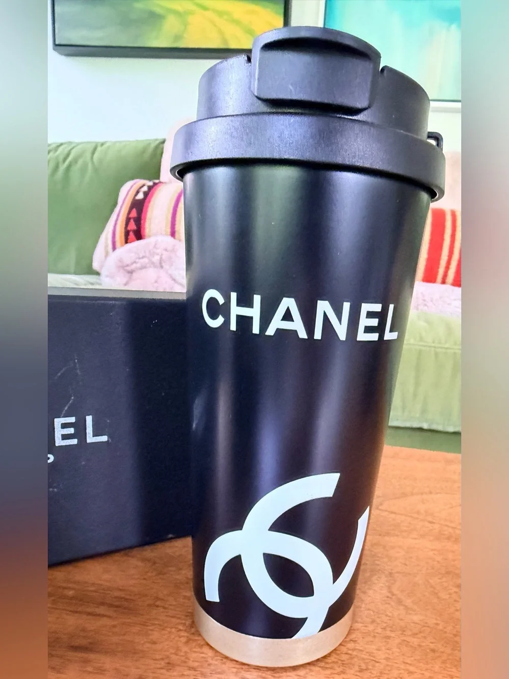 NIB Chanel Makeup Black ‘CC’ Hot/Cold Thermos w Black ‘CC’ Sleeve/Link Chain